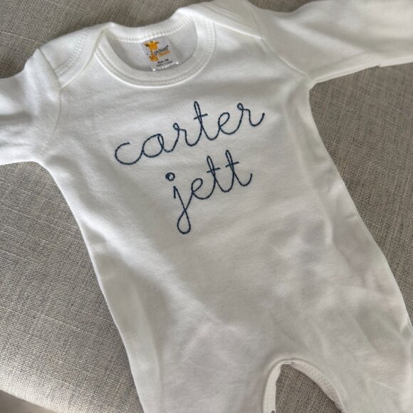 NEW Personalized White & Blue Baby Embroidered One Piece 0-3M "Carter Jett" - Picture 3 of 3